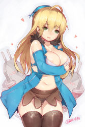 Rule 34 | 10s, 1girl, ahoge, areola slip, atago (kancolle), black panties, black thighhighs, blonde hair, blush, breasts, cleavage, curvy, green eyes, hat, heart, heart-shaped pupils, kantai collection, large breasts, long hair, looking at viewer, mukka, navel, open mouth, panties, see-through, solo, sweat, symbol-shaped pupils, thick thighs, thighhighs, thighs, twitter username, underwear