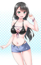 Rule 34 | 1girl, ;d, bare legs, bikini, black bikini, black hair, blue shorts, blush, bracelet, breasts, buttons, cleavage, collarbone, cross-laced bikini, cross-laced clothes, denim, denim shorts, front-tie bikini top, front-tie top, gradient background, green eyes, halterneck, highres, jewelry, large breasts, long hair, looking at viewer, mole, mole on breast, nail polish, navel, one eye closed, open mouth, original, pocket, polka dot, polka dot background, shorts, sleeveless, smile, solo, swimsuit, yopparai oni