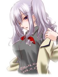 Rule 34 | 1girl, 2018, blue eyes, breasts, dated, from side, grey shirt, jacket, kantai collection, kashima (kancolle), large breasts, looking down, military jacket, ryuka hirg, shirt, sidelocks, silver hair, simple background, solo, twintails, twitter username, undressing, wavy hair, white background, white jacket
