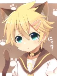 Rule 34 | 1boy, :o, animal ears, bell, blonde hair, brown sailor collar, brown serafuku, cat boy, cat ears, cat tail, child, collar, green eyes, hair ornament, hairclip, highres, kagamine len, male focus, meranoreuka (naokentak), messy hair, neck bell, necktie, open mouth, patterned background, puffy short sleeves, puffy sleeves, raised eyebrows, sailor collar, school uniform, serafuku, short hair, short sleeves, solo, tail, translated, vocaloid, yellow necktie
