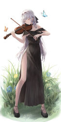 Rule 34 | 1girl, bare legs, bare shoulders, black choker, black dress, black footwear, bow (music), breasts, bug, butterfly, choker, cleavage, closed eyes, cocktail dress, dress, earrings, facing viewer, full body, high heels, highres, holding, holding instrument, holding violin, insect, instrument, jewelry, lkeris, long hair, medium breasts, music, original, playing instrument, ribbed dress, side slit, sleeveless, sleeveless dress, solo, standing, thighs, very long hair, violin, white hair