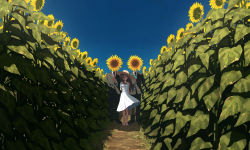 Rule 34 | 1girl, 2boys, absurdres, arm behind back, bad id, bad pixiv id, bare arms, bare shoulders, barefoot, black footwear, black jacket, black pants, blue sky, collared shirt, commentary request, day, dress, field, flower, flower field, formal, highres, jacket, multiple boys, necktie, original, outdoors, pants, red necktie, shirt, shoes, sky, sleeveless, sleeveless dress, standing, suit, suit jacket, sundress, sunflower, sunflower field, surreal, white dress, white shirt, wozora, yellow flower