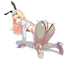 Rule 34 | 1girl, all fours, animal ears, ass, blonde hair, blue eyes, blue gloves, blush, breasts, character request, copyright request, curly hair, detached leggings, fake animal ears, gloves, grey pantyhose, hairband, half gloves, high heels, kageshio (276006), leotard, long hair, long sleeves, looking at viewer, looking back, maid headdress, meme attire, open mouth, pantyhose, playboy bunny, rabbit ears, rabbit tail, reverse bunnysuit, reverse outfit, shrug (clothing), small breasts, smile, solo, tail