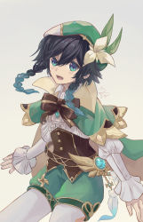 Rule 34 | 1boy, absurdres, androgynous, beret, black hair, blue hair, blush, bow, braid, brooch, cape, collared cape, collared shirt, commentary request, corset, feathers, flower, frilled sleeves, frills, gem, genshin impact, gradient hair, green cape, green eyes, green hat, green shorts, hat, hat flower, highres, jewelry, leaf, long sleeves, looking at viewer, male focus, multicolored hair, open mouth, pantyhose, pinwheel, shirt, short hair with long locks, shorts, side braids, sidelocks, smile, solo, twin braids, venti (genshin impact), vision (genshin impact), white background, white flower, white pantyhose, white shirt, youli