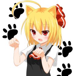 Rule 34 | 1girl, ahoge, animal ears, black dress, blonde hair, bow, cat ears, commentary request, dress, hair between eyes, hair bow, kemonomimi mode, paw pose, paw print, red bow, red eyes, rumia, short hair, short sleeves, simple background, solo, touhou, white background, yamato tachibana