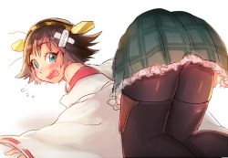Rule 34 | 10s, 1girl, @ @, all fours, ass, bandages, bare shoulders, black pantyhose, blue eyes, blush, brown hair, detached sleeves, embarrassed, flying sweatdrops, frilled skirt, frills, green skirt, hairband, hiei (kancolle), kantai collection, long sleeves, nontraditional miko, one-hour drawing challenge, panties, panties under pantyhose, pantyhose, pantyshot, plaid, plaid skirt, poroi (poro586), simple background, skirt, solo, thighhighs, twitter username, underwear, white panties
