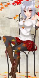 Rule 34 | 1girl, alternate costume, alternate hairstyle, animal ears, bare shoulders, black pantyhose, blush, boots, breasts, casual, chair, contemporary, cross-laced footwear, fangs, gmot, high heel boots, high heels, highres, inubashiri momiji, jewelry, lace-up boots, large breasts, leaf, leaf print, looking at viewer, maple leaf, necklace, open mouth, pantyhose, plaid, plaid skirt, red eyes, ribbed sweater, short hair, silver hair, sitting, skirt, smile, solo, sweater, touhou