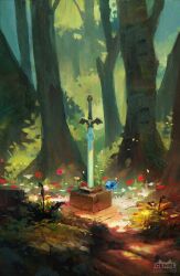 Rule 34 | artist logo, artist name, blue flower, commentary, english commentary, flower, forest, gem, genel jumalon, highres, jewelry, master sword, nature, nintendo, no humans, outdoors, planted, planted sword, planted weapon, revision, scenery, sword, the legend of zelda, tree, watermark, weapon