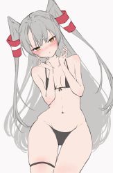 Rule 34 | 1girl, amatsukaze (kancolle), bikini, black bikini, blush, breasts, chigasaki yukari, commentary request, grey background, grey hair, hair tubes, highres, kantai collection, long hair, looking at viewer, orange eyes, simple background, small breasts, solo, swimsuit, thigh strap, two side up, very long hair