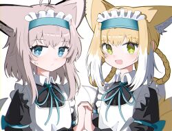 Rule 34 | 2girls, :d, absurdres, ahoge, alternate costume, animal ear fluff, animal ears, apron, arknights, black dress, blonde hair, blue eyes, blue ribbon, braid, brown hair, center frills, closed mouth, collared dress, dress, enmaided, fox ears, fox girl, fox tail, frilled apron, frills, green eyes, hair rings, highres, holding hands, interlocked fingers, kitsune, long hair, looking at viewer, maid, maid apron, maid headdress, multicolored hair, multiple girls, neck ribbon, open mouth, ribbon, sidelocks, simple background, smile, spam (spamham4506), sussurro (arknights), suzuran (arknights), tail, twin braids, two-tone hair, upper body, white apron, white background, white hair