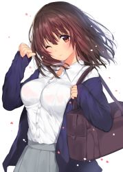 Rule 34 | 1girl, bag, blush, bra, bra visible through clothes, breasts, brown eyes, brown hair, cardigan, collared shirt, commentary request, dress shirt, large breasts, long hair, looking at viewer, mataro (matarou), one eye closed, original, pink bra, pleated skirt, school bag, see-through, shirt, short hair, simple background, skirt, sleeves past wrists, solo, underwear, white background, white shirt, wind