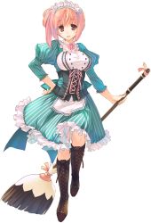 Rule 34 | 1girl, aquaplus, boots, broom, conette st. honore, detached sleeves, dress, dungeon travelers 2, full body, hand on own hip, headdress, highres, holding, juliet sleeves, knee boots, long sleeves, maid, maid headdress, mitsumi misato, pink eyes, pink hair, puffy sleeves, solo, striped, transparent background, vertical stripes