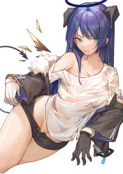 Rule 34 | 1girl, absurdres, arknights, blue eyes, blue hair, blush, breasts, closed mouth, collarbone, commentary request, covered navel, gloves, groin, hair between eyes, halo, highres, horns, jacket, kotatsu kaya, long hair, looking at viewer, micro shorts, mostima (arknights), no bra, no panties, off shoulder, open clothes, open fly, open shorts, see-through, shirt, shorts, simple background, single bare shoulder, solo, wet, wet clothes, wet hair, white background, white gloves, white shirt