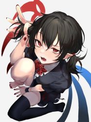 Rule 34 | 1girl, asymmetrical legwear, asymmetrical wings, barefoot, black hair, black pantyhose, houjuu nue, looking at viewer, mogo (nonochi0120), open mouth, pantyhose, pointy ears, red eyes, short hair, thighhighs, touhou, transparent background, wings