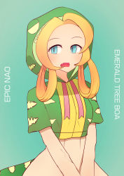 Rule 34 | 10s, 1girl, absurdres, aqua background, artist name, blonde hair, blue eyes, character name, emerald tree boa (kemono friends), fangs, hair rings, highres, hood, kemono friends, long hair, open mouth, simple background, slit pupils, solo, teeth, upper body