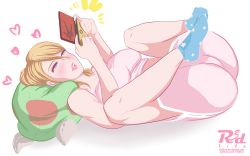 Rule 34 | 1girl, blonde hair, blue eyes, blush, breasts, cameltoe, cleft of venus, full body, handheld game console, highres, legs up, lying, medium breasts, metroid, nintendo, nintendo ds, on back, open mouth, r3dfive, samus aran, short hair, shorts, solo, tagme