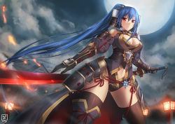 Rule 34 | 1girl, armor, black legwear, blue hair, blush, bracer, breasts, cleavage, cleavage cutout, clothing cutout, cloud, cloudy sky, commission, curvy, dutch angle, female focus, full moon, hair ornament, japanese armor, katana, lamppost, large breasts, long hair, looking at viewer, luzi, moon, navel, original, ponytail, red eyes, sky, solo, standing, sword, very long hair, weapon, wide hips