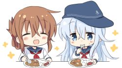 Rule 34 | 2girls, black sailor collar, blue eyes, brown hair, closed eyes, commentary request, curry, curry rice, eating, flat cap, folded ponytail, food, hat, hibiki (kancolle), highres, hizuki yayoi, holding, holding spoon, inazuma (kancolle), kantai collection, long hair, multiple girls, neckerchief, red neckerchief, rice, sailor collar, sailor shirt, school uniform, serafuku, shirt, silver hair, smile, spoon, upper body, white background