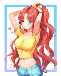 Rule 34 | 1girl, arms up, blue background, blue pants, blush, breasts, casual, cleavage, closed mouth, collarbone, commentary, denim, hair ornament, hair ribbon, hands in hair, heart, heart tattoo, heeri, highres, large breasts, long hair, looking at viewer, navel, original, pants, parted bangs, ponytail, red hair, ribbon, shirt, short sleeves, smile, solo, stomach, tattoo, very long hair, watch, white background, wristwatch, x hair ornament, yellow ribbon, yellow shirt