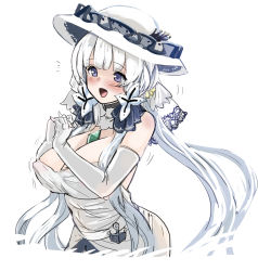 Rule 34 | 1girl, azur lane, blue eyes, blush, breasts, cleavage, commentary request, covered erect nipples, dress, elbow gloves, gloves, hair ornament, hat, hey taisyou, highres, illustrious (azur lane), jewelry, lace trim, large breasts, long hair, low twintails, mole, mole under eye, ribbon, smile, solo, strapless, strapless dress, sun hat, twintails, white dress, white gloves, white hat, white legwear