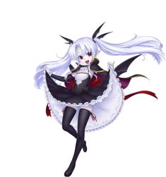 Rule 34 | 1girl, bat wings, black thighhighs, cape, clothes lift, colored skin, detached sleeves, dress, eden (sennen sensou aigis), fangs, floating hair, full body, gochou (kedama), head wings, lifted by self, long hair, looking at viewer, official art, open mouth, pointy ears, red eyes, sennen sensou aigis, skirt, skirt lift, smile, solo, thighhighs, transparent background, twintails, vampire, white hair, white skin, wings