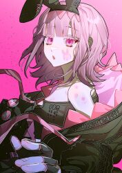 Rule 34 | 1girl, :o, alternate costume, animal ears, bare shoulders, black gloves, danganronpa (series), danganronpa 2: goodbye despair, fake animal ears, fingerless gloves, from side, gloves, highres, jacket, looking at viewer, medium hair, nanami chiaki, no hair ornament, pink background, pink eyes, rabbit ears, shirt, solo