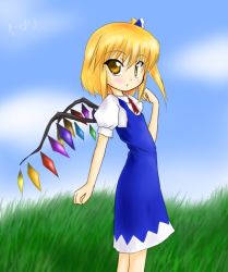 Rule 34 | 1girl, alternate eye color, bad proportions, blonde hair, blue dress, child, cirno, cirno (cosplay), clenched hand, cosplay, day, dress, female focus, flandre scarlet, grass, short hair, side ponytail, sky, solo, embodiment of scarlet devil, touhou, wings, yellow eyes