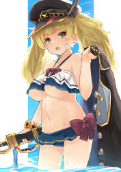 Rule 34 | 1girl, bandaid, bandaid on face, beach, black jacket, blonde hair, breasts, cutlass, cutlass, day, frilled swimsuit, frills, granblue fantasy, hat, jacket, large breasts, long hair, looking at viewer, military hat, monika weisswind, naik, outdoors, sheath, swimsuit, swimsuit skirt, twintails, underboob, water