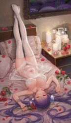 Rule 34 | 1girl, absurdres, artist name, babydoll, bed, black hair, breasts, candle, closed mouth, commentary, crossed ankles, feet, feet up, flower, full body, hair ornament, heterochromia, highres, indoors, lace, lace-trimmed legwear, lace trim, large breasts, legs, long hair, looking at viewer, lying, navel, neck ribbon, no shoes, on back, on bed, oohhya, original, painting (object), panties, petals, phone, pillow, purple hair, red eyes, red flower, red rose, ribbon, rose, see-through, side-tie panties, sleepwear, smile, solo, spaghetti strap, string panties, symbol-only commentary, thighhighs, thighs, toes, twintails, underwear, upside-down, white babydoll, white panties, white thighhighs, yellow eyes