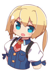 Rule 34 | 1girl, :d, blonde hair, blue dress, blue eyes, blush, collared shirt, cropped torso, dress, etrian odyssey, frederica irving, hair between eyes, highres, looking at viewer, naga u, open mouth, puffy short sleeves, puffy sleeves, red neckwear, sekaiju no meikyuu, shin sekaiju no meikyuu, shirt, short sleeves, simple background, smile, solo, twintails, upper body, white background, white shirt