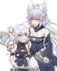 Rule 34 | 2girls, ahoge, animal ears, animal hands, arm belt, atalanta (fate), atalanta alter (fate), atalanta alter (first ascension) (fate), bandaged arm, bandages, bare shoulders, black dress, black vest, breasts, cat ears, chain, collar, csyday, detached sleeves, dress, facial scar, fate/apocrypha, fate/grand order, fate (series), green eyes, grey hair, hair brush, hand mirror, jack the ripper (fate/apocrypha), long hair, looking at another, medium breasts, mirror, multiple girls, one side up, open mouth, scar, scar across eye, scar on cheek, scar on face, shoulder tattoo, simple background, slit pupils, small breasts, smile, tattoo, thighs, vest, white background, white hair