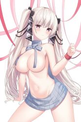 Rule 34 | 1girl, azur lane, bare shoulders, blush, breasts, cleavage, formidable (azur lane), groin, hair ribbon, large breasts, lin (user uzmw2535), long hair, looking at viewer, meme attire, navel, red eyes, ribbon, shirt, solo, stomach, sweater, thighs, twintails, two-tone ribbon, very long hair, virgin killer sweater