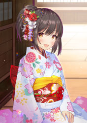 Rule 34 | 1girl, :d, atori, blush, bow, brown eyes, brown hair, commentary request, day, fingernails, floral print, flower, hair between eyes, hair bow, hair flower, hair ornament, head tilt, high ponytail, highres, idolmaster, idolmaster cinderella girls, japanese clothes, kimono, long sleeves, looking at viewer, obi, open mouth, outdoors, ponytail, print bow, print kimono, red bow, red flower, sash, sleeves past wrists, smile, solo, takafuji kako, white flower, white kimono, wide sleeves