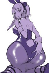 Rule 34 | 10s, 1girl, ass, back, blush, breasts, carrot, dagashi kashi, flower, hair flower, hair ornament, hand on own ass, kneeling, leotard, looking at viewer, looking back, monochrome, open mouth, pantyhose, playboy bunny, pochi (pochi-goya), rabbit tail, shidare hotaru, short hair, simple background, solo, tail, white background, wrist cuffs