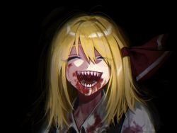 Rule 34 | 1girl, ^ ^, black background, black vest, blonde hair, blood, blood on clothes, blood on face, closed eyes, collared shirt, commentary request, dark, fuuga (perv rsity), hair between eyes, hair ribbon, highres, lower teeth only, medium hair, open mouth, red ribbon, ribbon, rumia, sharp teeth, shirt, simple background, solo, standing, teeth, tongue, touhou, upper body, upper teeth only, vest, white shirt, wing collar
