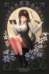 Rule 34 | 1girl, artist name, belt, belt buckle, black belt, black dress, black footwear, blush, book, boots, branch, breasts, brown eyes, brown hair, buckle, buttons, cherry blossoms, choukai (kancolle), closed mouth, collared shirt, commentary request, dress, earrings, flower, flower earrings, full body, glasses, glint, hair flower, hair ornament, hands up, high heel boots, high heels, highres, holding, holding book, jewelry, kantai collection, long hair, long sleeves, looking at viewer, medium breasts, open book, pinafore dress, shirt, sidelocks, sitting, sleeveless, sleeveless dress, solo, spring (season), twitter username, unidentified nk, very long hair, white flower, white shirt, wing collar