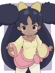 Rule 34 | 1girl, :d, absurdres, black hair, breasts, brown eyes, brown shirt, commentary request, creatures (company), dark-skinned female, dark skin, fang, game freak, highres, iris (pokemon), long hair, long sleeves, looking at viewer, nintendo, open mouth, pants, pokemon, pokemon bw, purple background, rururu (pyrk8855), shirt, sleeves past wrists, small breasts, smile, solo, two-tone background, two side up, very long hair, white background, white pants, wide sleeves