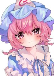 1girl alternate_hairstyle blue_hat closed_mouth hat looking_at_viewer low_twintails moni_monico pink_eyes pink_hair saigyouji_yuyuko short_hair simple_background smile solo touhou triangular_headpiece twintails upper_body white_background