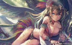 Rule 34 | 1girl, breasts, brown hair, character request, cleavage, copyright name, feathers, green eyes, hair ornament, jewelry, large breasts, long hair, looking at viewer, mayan mythology, moeru! dragon jiten, moeru! jiten, nakaichi (ridil), necklace, original, personification, quetzalcoatl (mythology), smile, solo, tattoo, wings