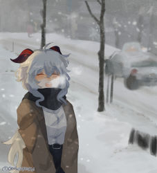 Rule 34 | 1girl, alternate costume, blue hair, blurry, blurry background, blush, breittons, coat, closed eyes, ganyu (genshin impact), genshin impact, highres, horns, open mouth, scarf, signature, smile, snow, white background, winter, winter clothes