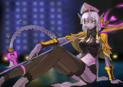 Rule 34 | 1girl, absurdres, alternate costume, black thighhighs, bracelet, braid, chaoqun, colored skin, garter straps, hat, highres, jewelry, knees up, league of legends, legband, long hair, looking at viewer, midriff, navel, pale skin, pointy ears, ponytail, purple skin, sitting, solo, soraka (league of legends), staff, stomach, thighhighs, very long hair, white hair, yellow eyes