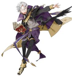 Rule 34 | 1boy, bird, book, cape, closed eyes, crow, fire emblem, fire emblem awakening, fire emblem heroes, full body, henry (fire emblem), highres, male focus, nintendo, official art, open mouth, short hair, smile, solo, transparent background, white hair, wizard
