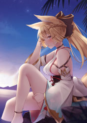 Rule 34 | 1girl, animal ears, ankle strap, bare shoulders, blush, braid, breasts, commentary request, detached sleeves, from side, granblue fantasy, highres, keima ron, knee up, large breasts, long hair, long sleeves, outdoors, parted lips, ponytail, purple eyes, sitting, thighs, white sleeves, yuisis (granblue fantasy)