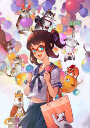 Rule 34 | 1girl, ahoge, animal ears, bag, balloon, blue eyes, bow, bowtie, capelet, cat, collar, crown, eyelashes, eyepatch, fake animal ears, fangs, fish, food, gift, glasses, goldfish, hair ribbon, hat, highres, ice cream, ice cream cone, ink bottle, midriff peek, mouth hold, navel, open mouth, original, patipat asavasena, ponytail, quill, rabbit ears, red bow, red bowtie, red hat, ribbon, santa hat, school uniform, serafuku, shoulder bag, siamese cat, sidelocks, solo, too many, too many cats