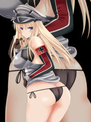 Rule 34 | 10s, 1girl, ass, bad id, bad pixiv id, bismarck (kancolle), breasts, butt crack, commentary request, cross, female focus, hat, iron cross, kantai collection, large breasts, long hair, looking at viewer, murakumo (sniper), panties, solo, striped clothes, striped panties, thighs, underwear