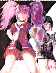 Rule 34 | 2girls, bear hair ornament, bikini, black bikini, black hair, black skirt, blood, blood splatter, blue eyes, bow, brown gloves, brown vest, combat knife, combat vest, danganronpa: trigger happy havoc, danganronpa (series), ears, enoshima junko, eyebrows, freckles, gloves, grin, hair ornament, highres, holding, holding knife, holding paintbrush, holding weapon, ikusaba mukuro, knife, looking at viewer, military vest, multiple girls, bowtie, neck ribbon, nose, one eye closed, open mouth, paintbrush, pink blood, pink hair, pleated skirt, red bow, red ribbon, red skirt, ribbon, siblings, signature, simple background, sisters, skirt, smile, standing, swimsuit, teeth, thighs, traditional media, twins, twintails, vest, weapon, white background, wink