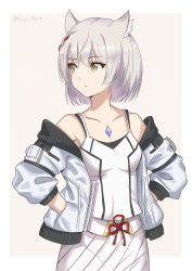 Rule 34 | 1girl, :/, absurdres, animal ear fluff, animal ears, bare shoulders, bob cut, border, braid, breasts, camisole, cat ears, chest jewel, cleavage, closed mouth, collarbone, commentary request, cowboy shot, eyes visible through hair, gem, grey jacket, hands in pockets, highres, jacket, long sleeves, looking away, looking to the side, mio (xenoblade), multicolored hair, off shoulder, open clothes, open jacket, outside border, pocket, red hair, ryochan96154, shirt, short hair, silver hair, simple background, skirt, small breasts, solo, tank top, twitter username, two-tone hair, unzipped, white border, white jacket, white shirt, white skirt, xenoblade chronicles (series), xenoblade chronicles 3, yellow background, yellow eyes