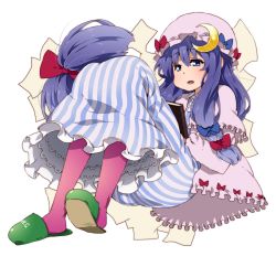Rule 34 | 1girl, absurdres, book, female focus, full body, hat, highres, long hair, pantyhose, patchouli knowledge, pink pantyhose, purple eyes, purple hair, slippers, solo, takanashi ringo, touhou, transparent background