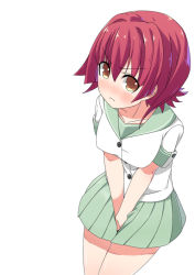 Rule 34 | 1girl, between legs, blush, breasts, collarbone, embarrassed, female focus, green skirt, hand between legs, have to pee, kantai collection, kinu (kancolle), looking at viewer, medium breasts, minamimachi naname, orange eyes, own hands together, pleated skirt, red hair, school uniform, serafuku, shirt, short hair, short sleeves, simple background, skirt, solo, standing, v arms, white background, white shirt