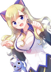 Rule 34 | 1girl, :d, absurdres, animal ears, black sleeves, blonde hair, blue eyes, blush, breasts, cat ears, cleavage, collarbone, collared jacket, detached sleeves, dutch angle, earrings, eden&#039;s zero, floating hair, hair between eyes, hair ornament, hairclip, highres, jacket, jewelry, large breasts, long hair, long sleeves, looking at viewer, nyaa (nnekoron), open mouth, rebecca bluegarden, simple background, sleeveless, sleeveless jacket, smile, solo, standing, very long hair, white background, white jacket, wing collar